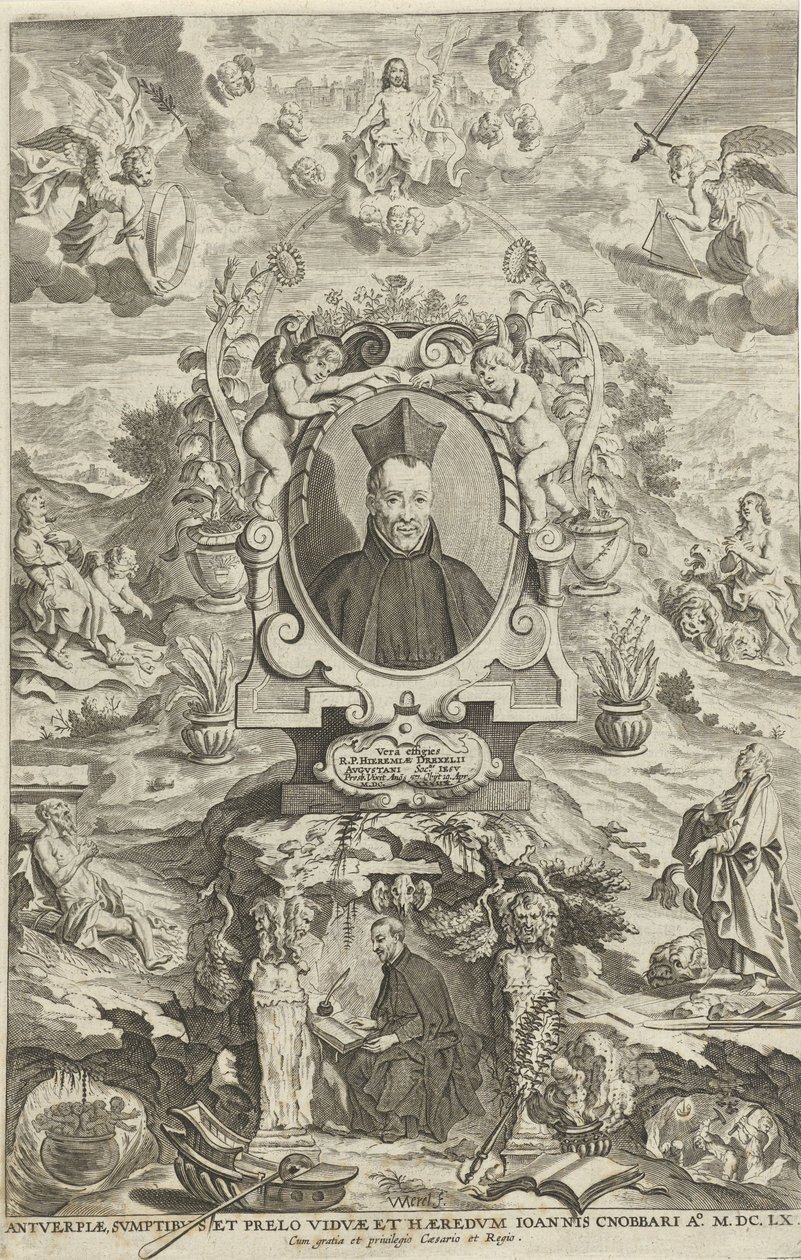 صورة ليرمياس دريكسيل صفحة عنوان: J. Drexel، De sonne-bloeme oft Vande over-een-Cominge van den menscheliicken wille met de [n] godtliicke [n]، 1660 بواسطة دبليو ميريل فان