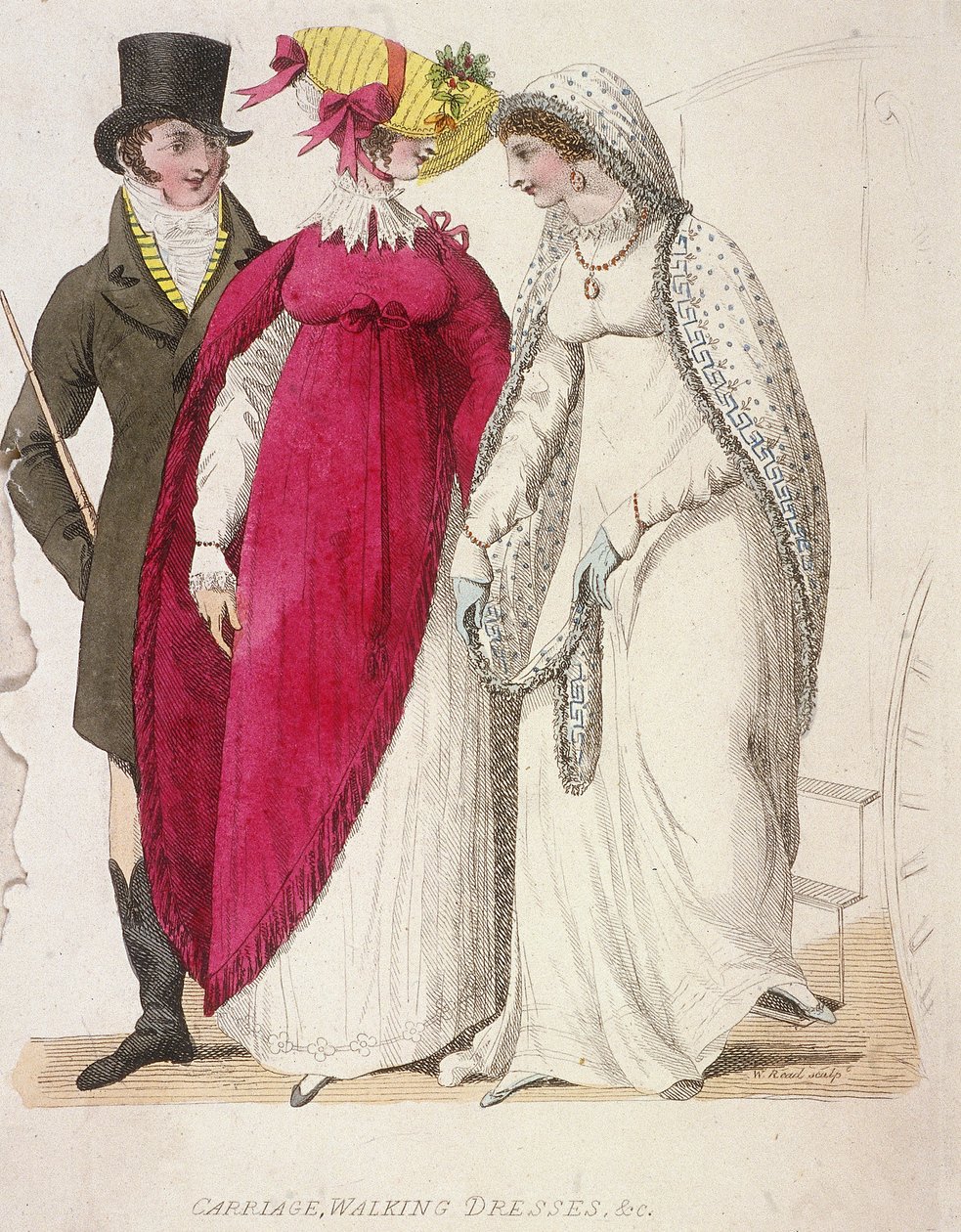 امرأتان ترتديان فساتين المشي برفقة رجل ، c1810 بواسطة قراءة W