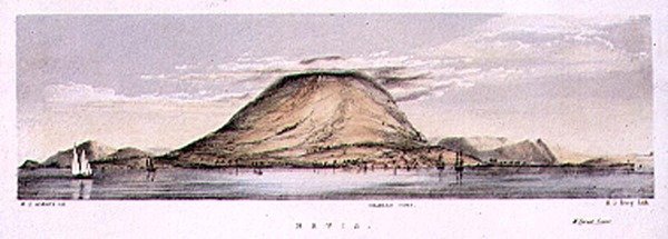 منظر لتشارلستاون في جزيرة نيفيس ، جزر الهند الغربية ، نقش بواسطة هنري سي تريري (من 1849 إلى 1854) ، حوالي عام 1849 (ليثو ملون) بواسطة WS (بعد) أندروز