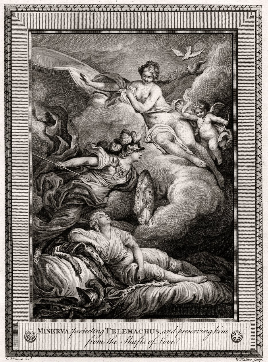 مينيرفا تحمي تيليماخوس وتحفظه من مهاوي الحب 1775. بواسطة دبليو ووكر