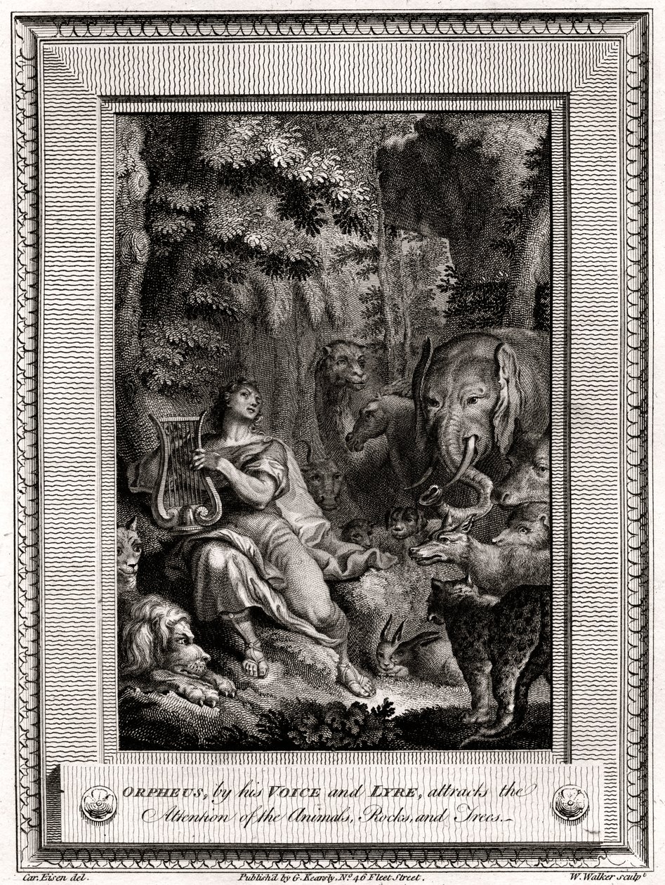 Orpheus ، بصوته و Lyre ، يجذب انتباه الحيوانات والصخور والأشجار ، 1774. بواسطة دبليو ووكر