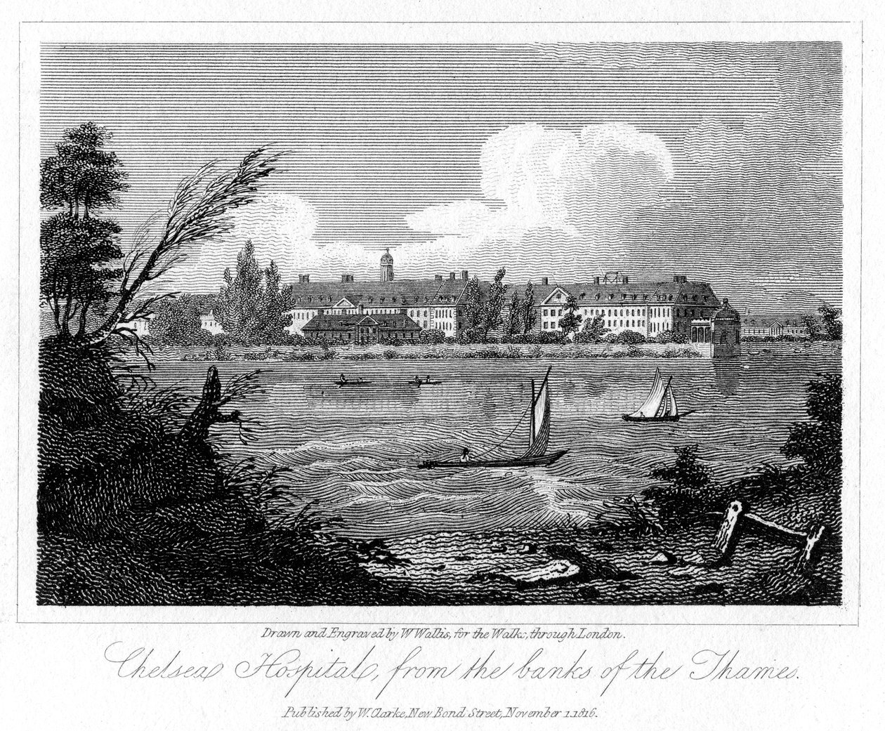 مستشفى تشيلسي ، من ضفة نهر التايمز ، لندن ، 1816. بواسطة دبليو واليس