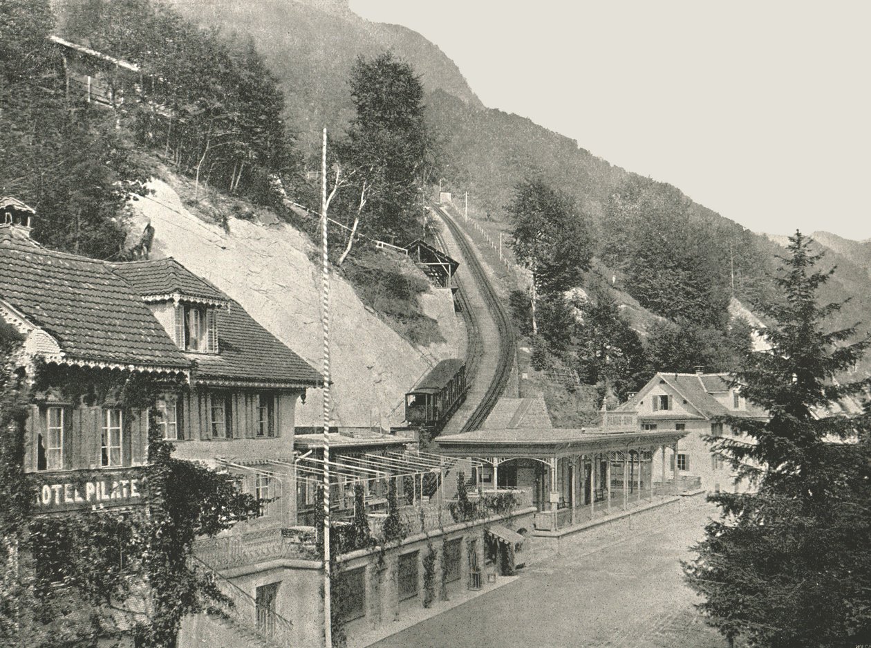 نقطة انطلاق خط سكة حديد Pilatus ، Alpnachstad ، سويسرا ، 1895. بواسطة W and S Ltd