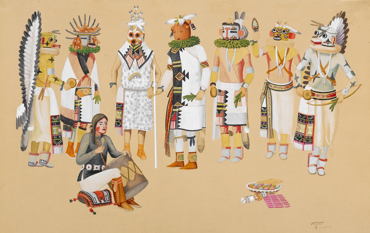 Group of Kachinas، 1933 (تمبرا فوق قلم رصاص على ورق نسج برتقالي) بواسطة والدو موتزكا