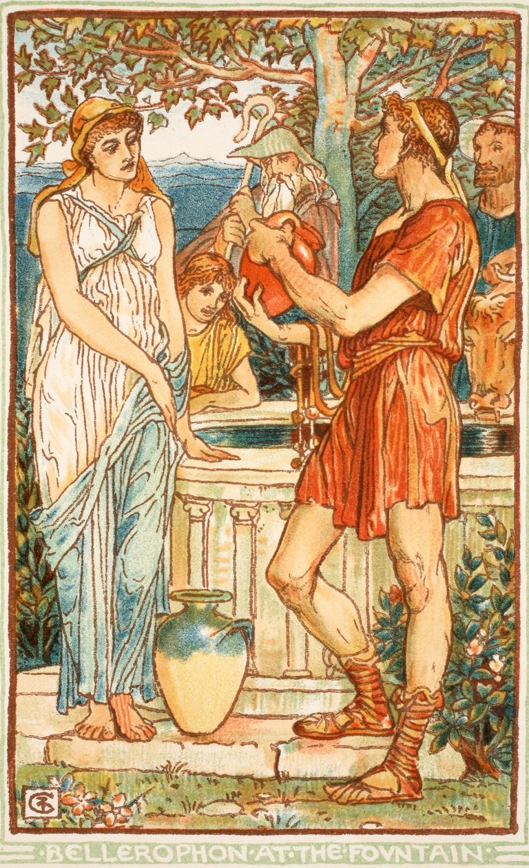 Bellerophon عند النافورة ، رسم توضيحي من كتاب عجيب للفتيات والفتيان بقلم ناثانيال هوثورن ، 1852 بواسطة والتر كرين