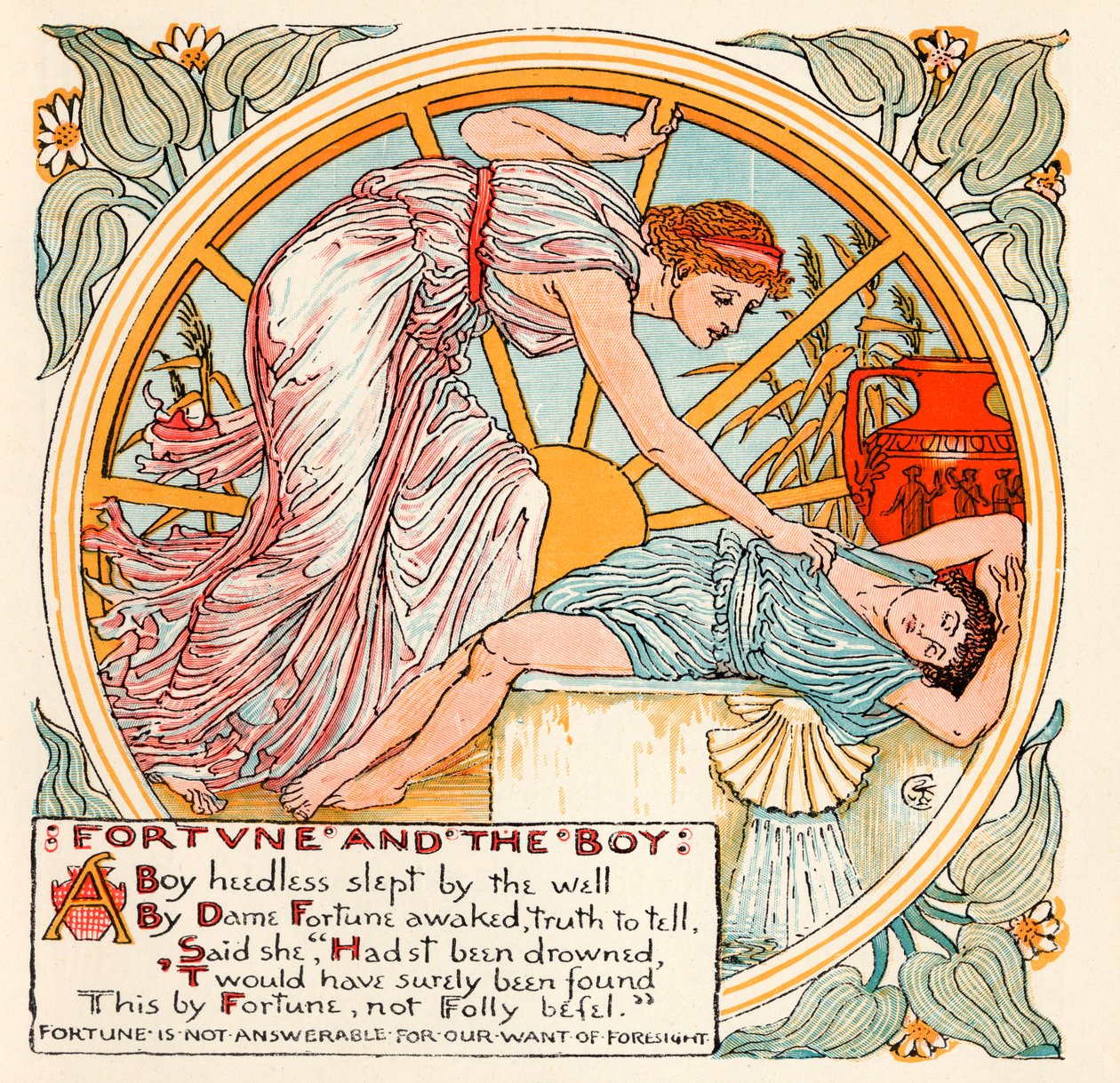 Fortune and the Boy ، رسم توضيحي من &39;Baby&39;s Own Aesop&39; ، منقوش ومطبوع بواسطة إدموند إيفانز ، لندن ، تم نشره عام 1920 بواسطة والتر كرين