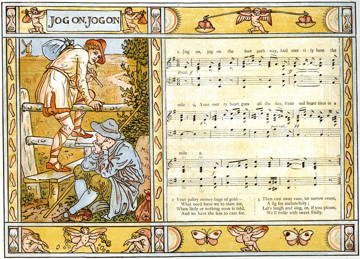 "Jog On، Jog On" ، توضيح الأغنية من "Pan-Pipes" ، كتاب الأغاني القديمة ، مرتب حديثًا ومع المرافقات من Theo. Marzials ، نشر في لندن من قبل جورج روتليدج وأولاده ، 1884 بواسطة والتر كرين