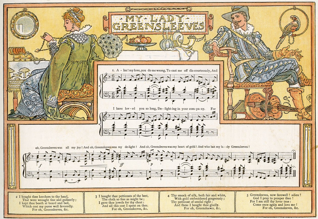"My Lady Greensleeves" ، رسم توضيحي للأغنية من "Pan-Pipes" ، كتاب الأغاني القديمة ، مرتب حديثًا ومع المرافقات من Theo. Marzials ، نشر في لندن من قبل جورج روتليدج وأولاده ، 1884 (اللون بواسطة والتر كرين