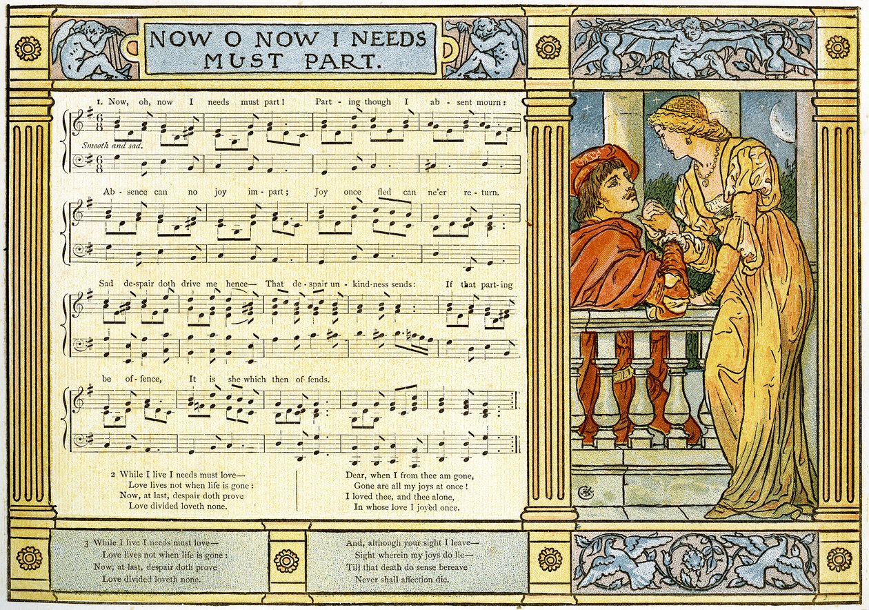 "Now، Oh، Now، I Needs Must Part"، رسم توضيحي للأغنية من "Pan-Pipes" ، كتاب الأغاني القديمة ، مرتب حديثًا ومع المرافقات من Theo. Marzials ، نشر في لندن من قبل جورج روتليدج وأولاده ، 18 بواسطة والتر كرين