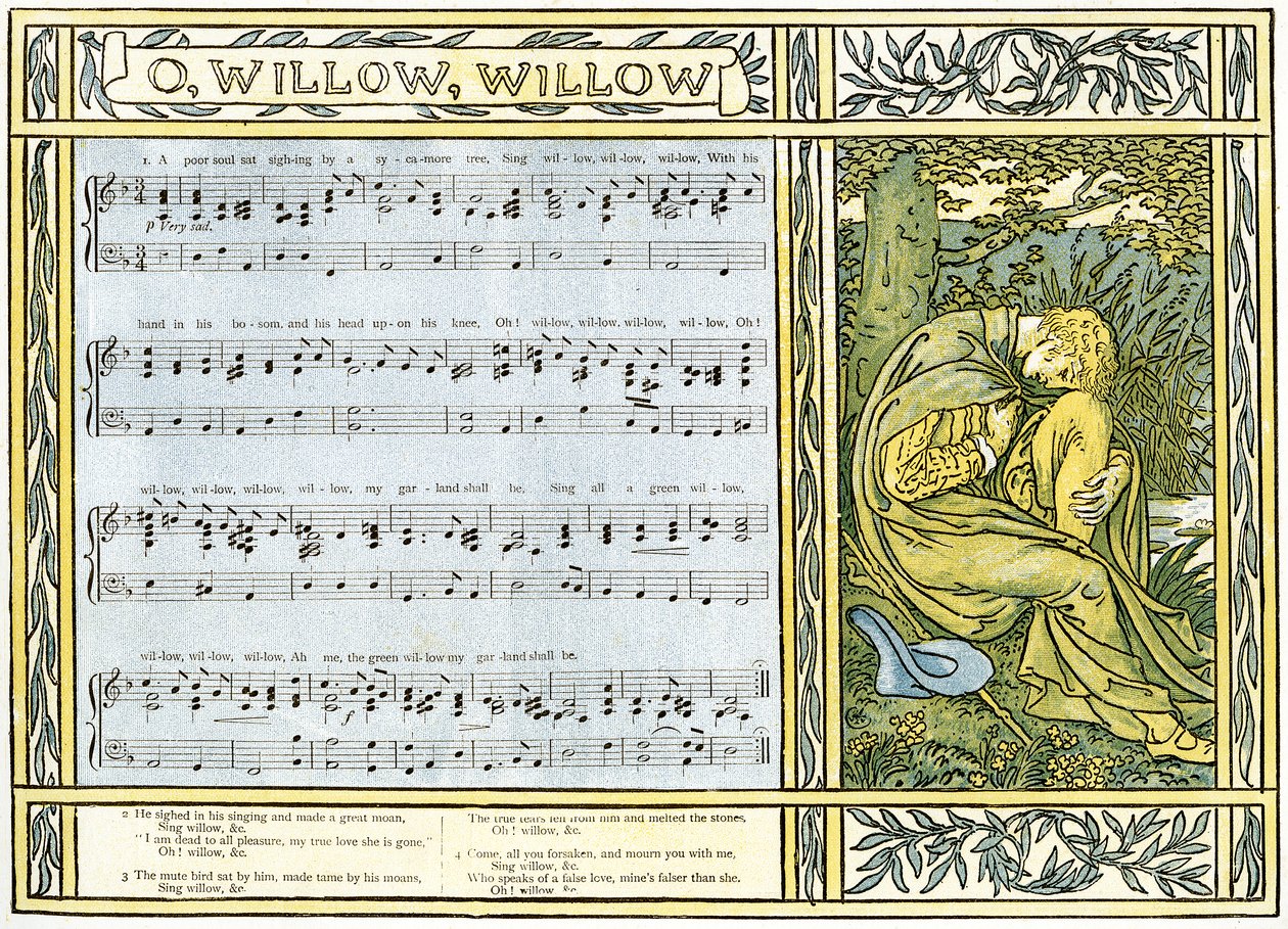 "O Willow، Willow" ، الأغنية الشعبية الإنجليزية التقليدية ، صورة توضيحية من "Pan-Pipes" ، كتاب الأغاني القديمة ، مرتب حديثًا ومع المرافقات من Theo. نشر Marzials في لندن بواسطة جورج روتليدج بواسطة والتر كرين