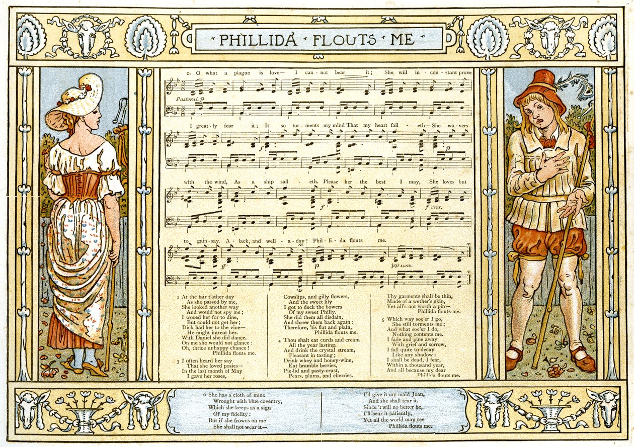 `` Phillida Flouts Me ، يا له من الطاعون هو الحب ، توضيح الأغنية من &39;Pan-Pipes&39; ، كتاب الأغاني القديمة ، مرتبة حديثًا ومع المرافقات من Theo. Marzials ، نشر في لندن من قبل جورج روتليدج بواسطة والتر كرين
