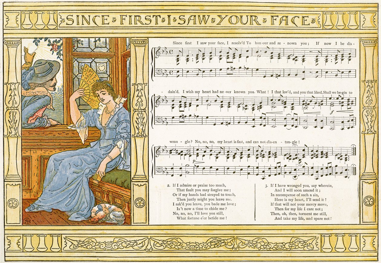 `` منذ أن رأيت وجهك لأول مرة &39;&39; ، رسم توضيحي للأغنية من `` Pan-Pipes &39;&39; ، كتاب الأغاني القديمة ، مرتبة حديثًا ومع المرافقات من Theo. Marzials ، نشر في لندن من قبل جورج روتليدج وأولاده ، 1884 ( بواسطة والتر كرين