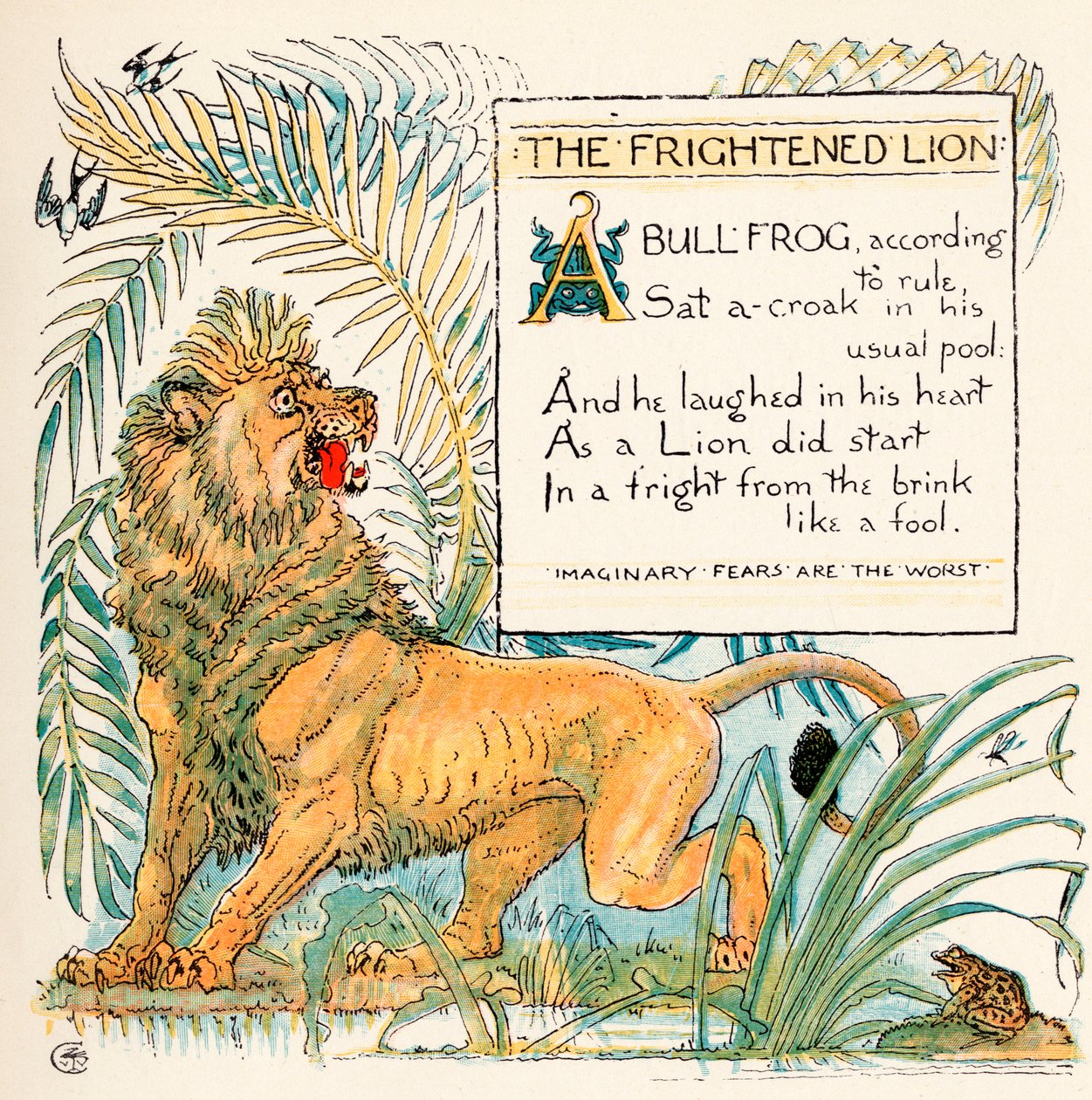 الأسد الخائف ، رسم توضيحي من كتاب &39;Baby&39;s Own Aesop&39; ، منقوش ومطبوع بواسطة إدموند إيفانز ، لندن ، تم نشره عام 1920 بواسطة والتر كرين