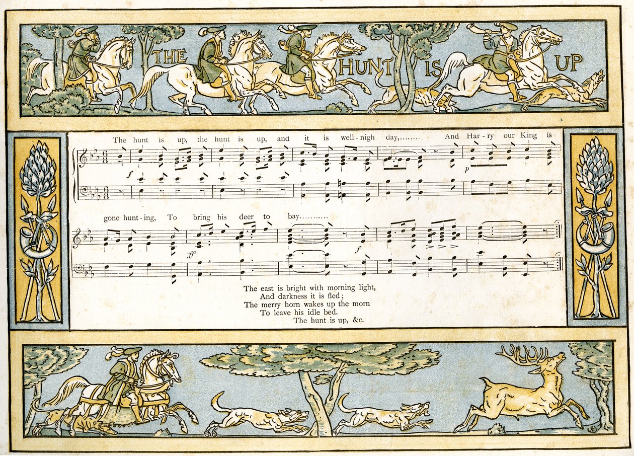 &39;The Hunt is Up وهو قريب جدًا ويذهب هاري ملكنا للصيد&39; ، توضيح الأغنية من `` Pan-Pipes &39;&39; ، كتاب الأغاني القديمة ، مرتب حديثًا ومع المرافقات من Theo. Marzials ، publishe بواسطة والتر كرين