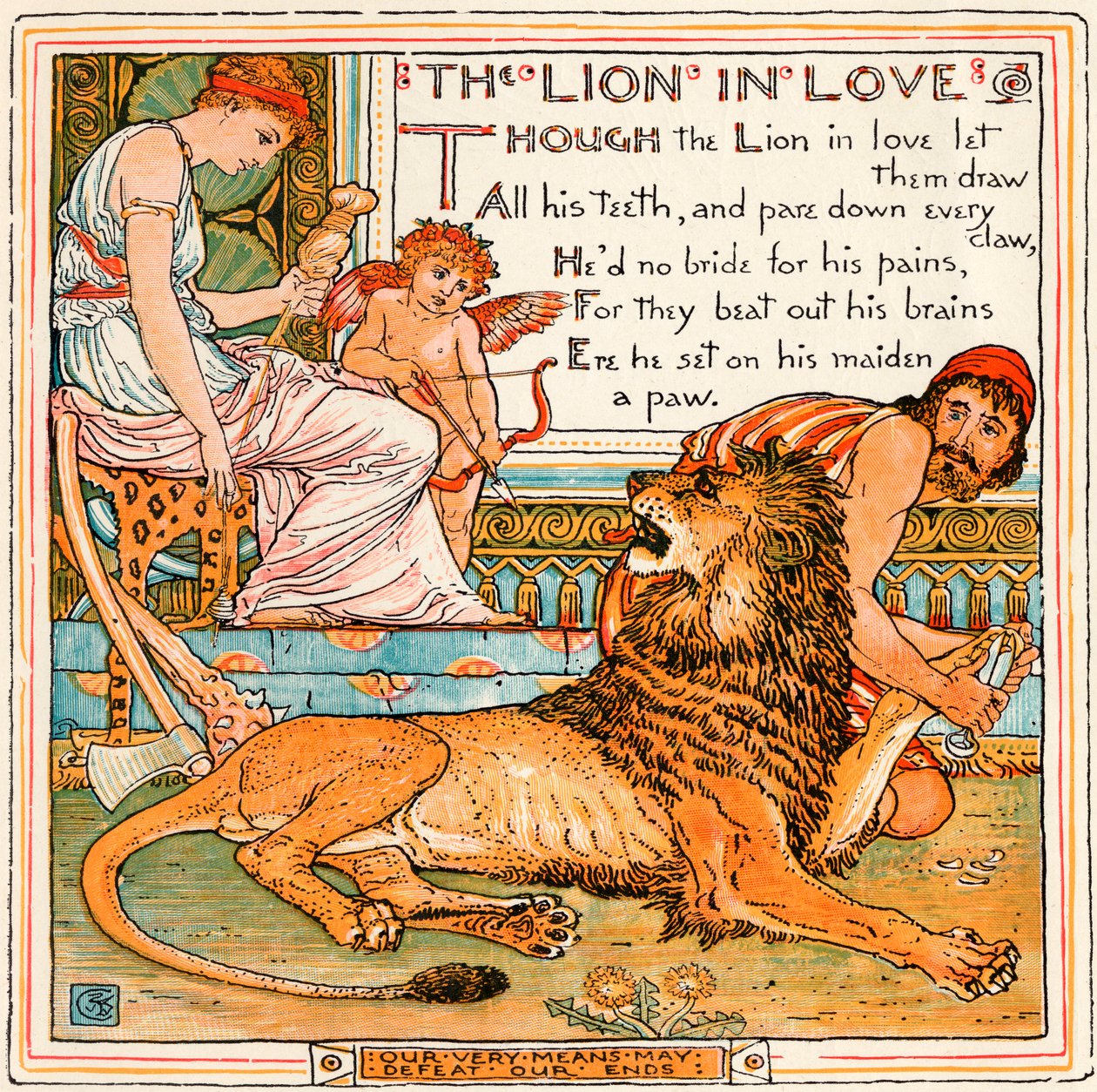 The Lion in Love ، رسم توضيحي من كتاب &39;Baby&39;s Own Aesop&39; ، منقوش ومطبوع بواسطة إدموند إيفانز ، لندن ، تم نشره عام 1920 بواسطة والتر كرين
