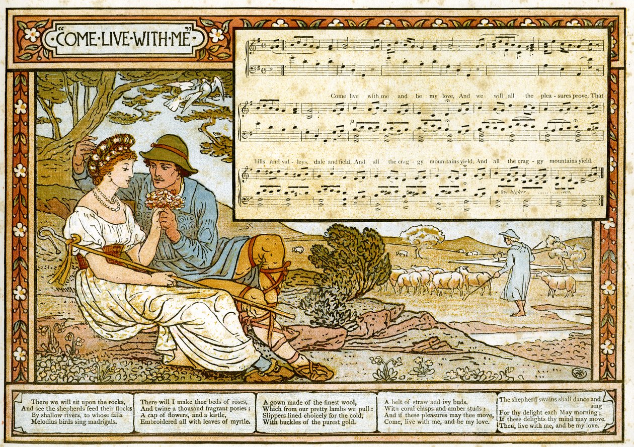 "الراعي العاطفي إلى حبه" ، توضيح الأغنية من "Pan-Pipes" ، كتاب الأغاني القديمة ، مرتب حديثًا ومع المرافقات من ثيو. Marzials ، نشر في لندن من قبل جورج روتليدج وأولاده بواسطة والتر كرين