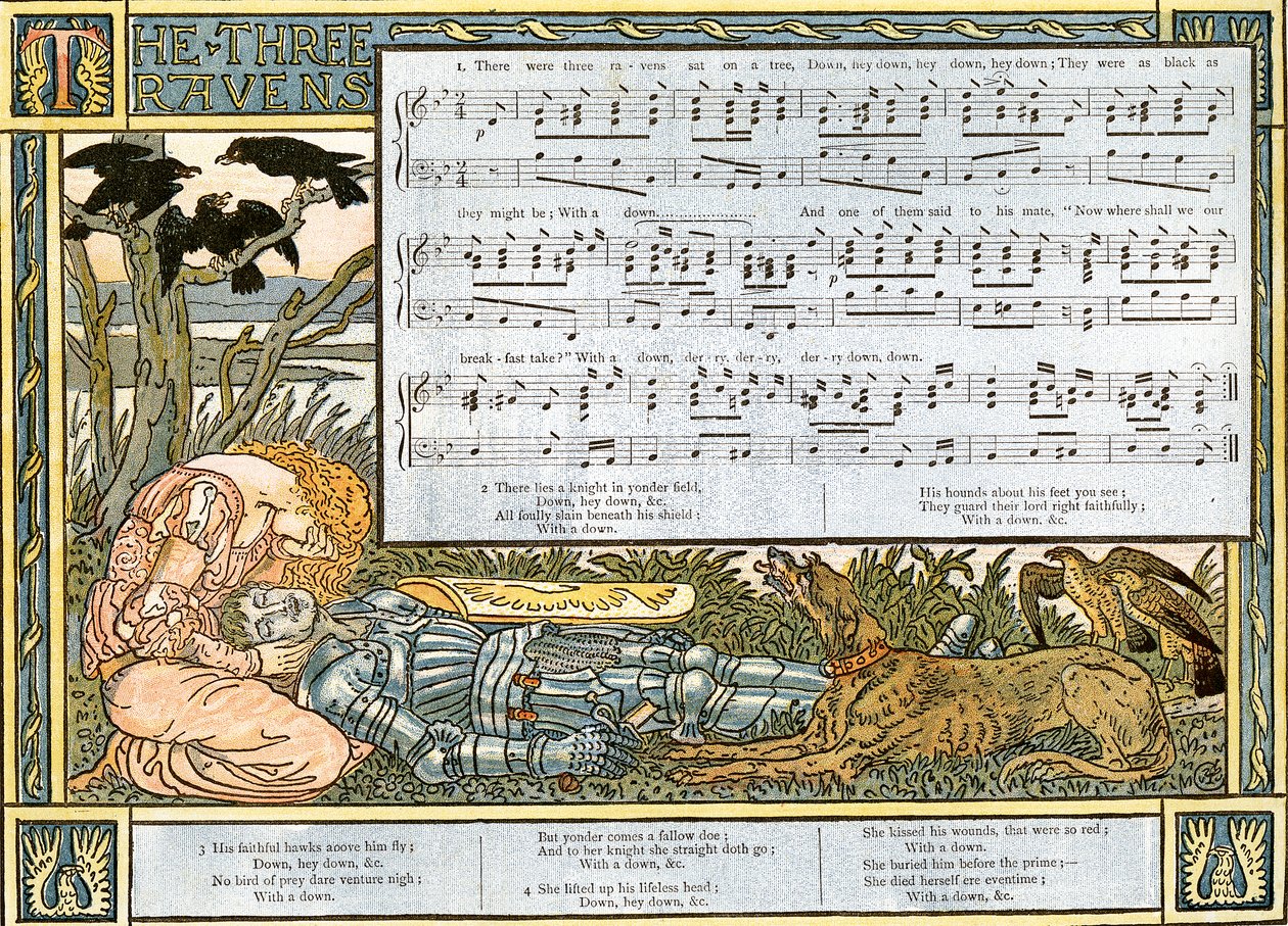 "The Three Ravens" ، رسم توضيحي للأغنية من "Pan-Pipes" ، كتاب الأغاني القديمة ، مرتب حديثًا ومع المرافقات من Theo. Marzials ، نشر في لندن من قبل جورج روتليدج وأولاده ، 1884 (لون ليث بواسطة والتر كرين