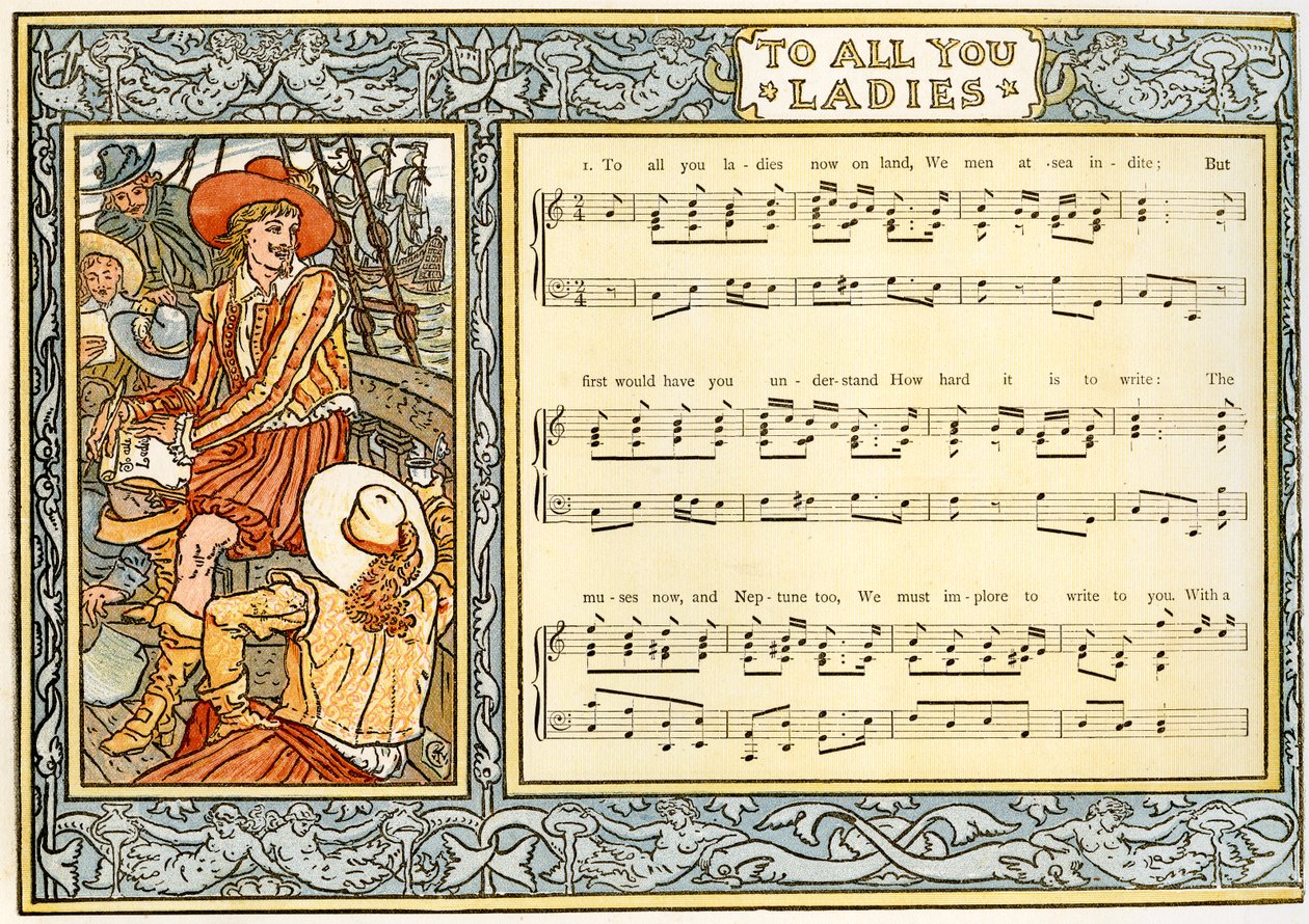 "إلى كل سيداتك الآن على الأرض ، نحن الرجال في البحر نتحد" ، أغنية توضيحية من "Pan-Pipes" ، كتاب الأغاني القديمة ، مرتب حديثًا ومع المرافقات من Theo. Marzials ، نشر في لندن من قبل جورج بواسطة والتر كرين