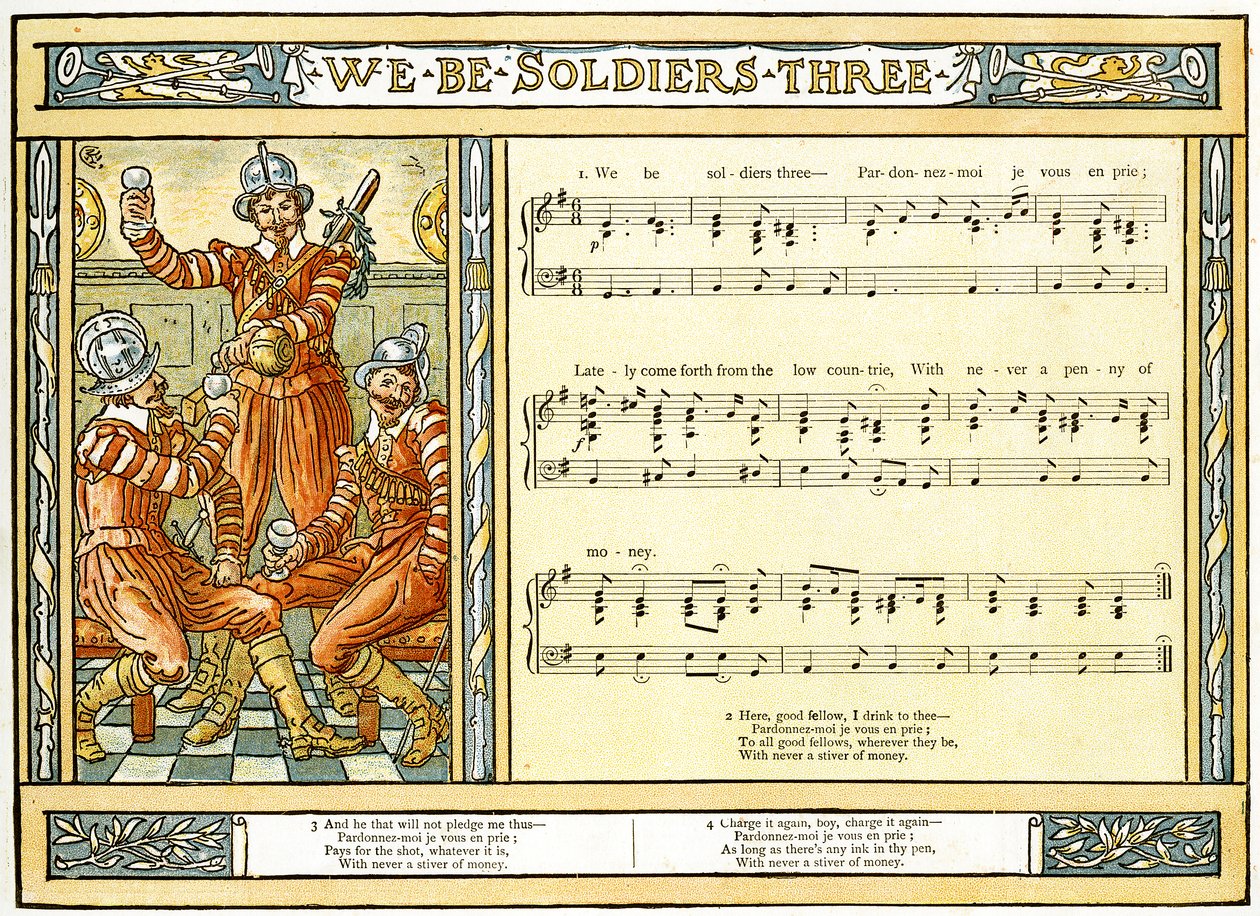 &39;We Be Soldiers Three&39; ، رسم توضيحي للأغنية من Pan-Pipes ، كتاب الأغاني القديمة ، مرتب حديثًا ومع المرافقات من Theo. Marzials ، نشر في لندن من قبل جورج روتليدج وأولاده ، 1884 (اللون بواسطة والتر كرين