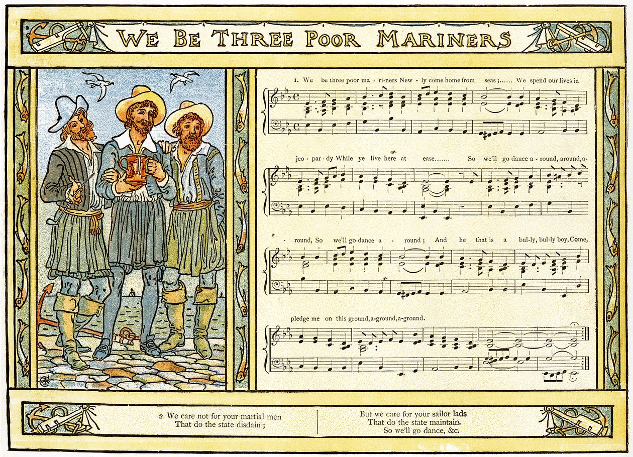 "We Three Three Poor Mariners" ، أغنية توضيحية من "Pan-Pipes" ، كتاب الأغاني القديمة ، مرتب حديثًا ومع المرافقات من Theo. Marzials ، نشر في لندن من قبل جورج روتليدج وأولاده ، 1884 (شارك بواسطة والتر كرين