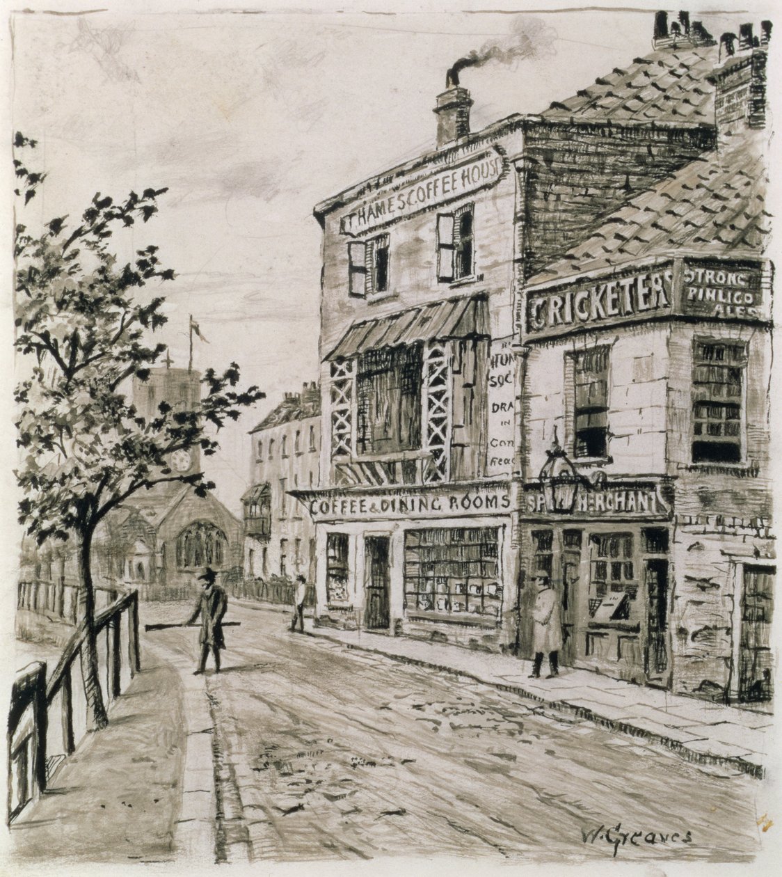 The Cricketers and the Thames Coffee House ، تشيلسي (حبر على ورق) بواسطة والتر جريفز
