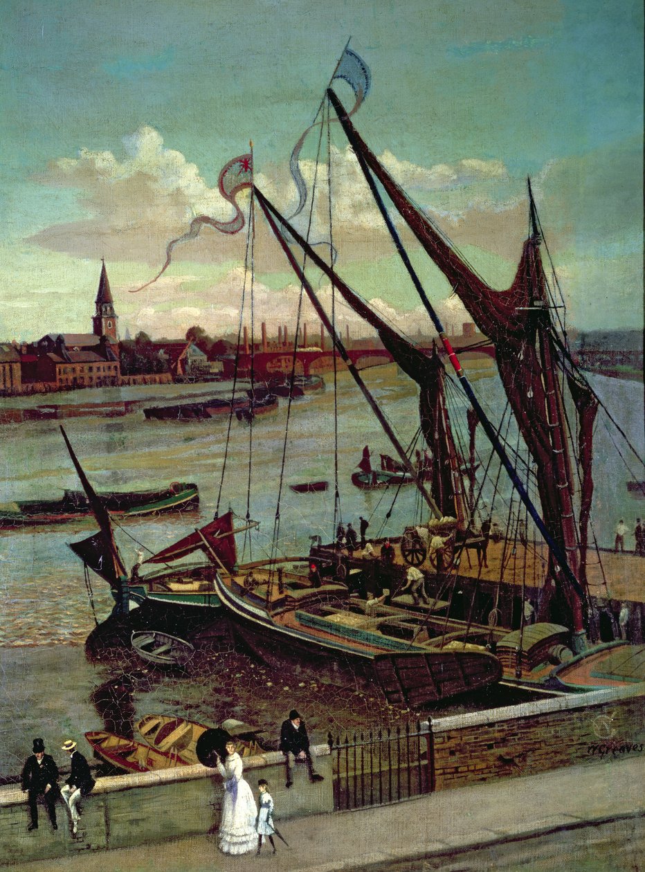 تفريغ البارجة ، Lindsay Jetty و Battersea Church ، c.1860 بواسطة والتر جريفز