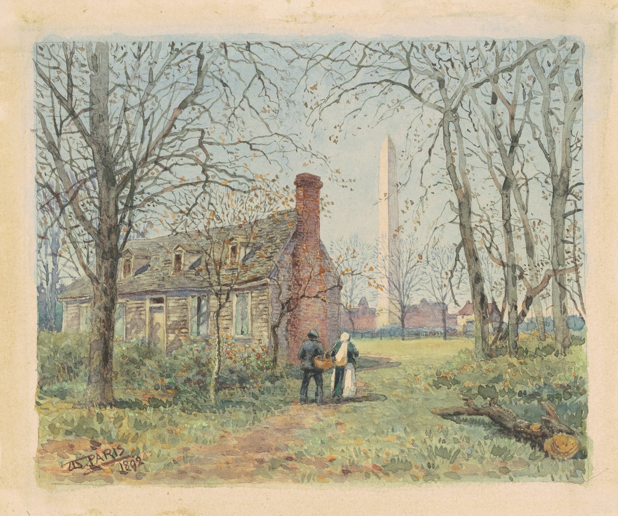 David Burnss Cottage و Washington Monument، Washington DC، 1892 (ألوان مائية وجرافيت على ورق منسوج) بواسطة والتر باريس