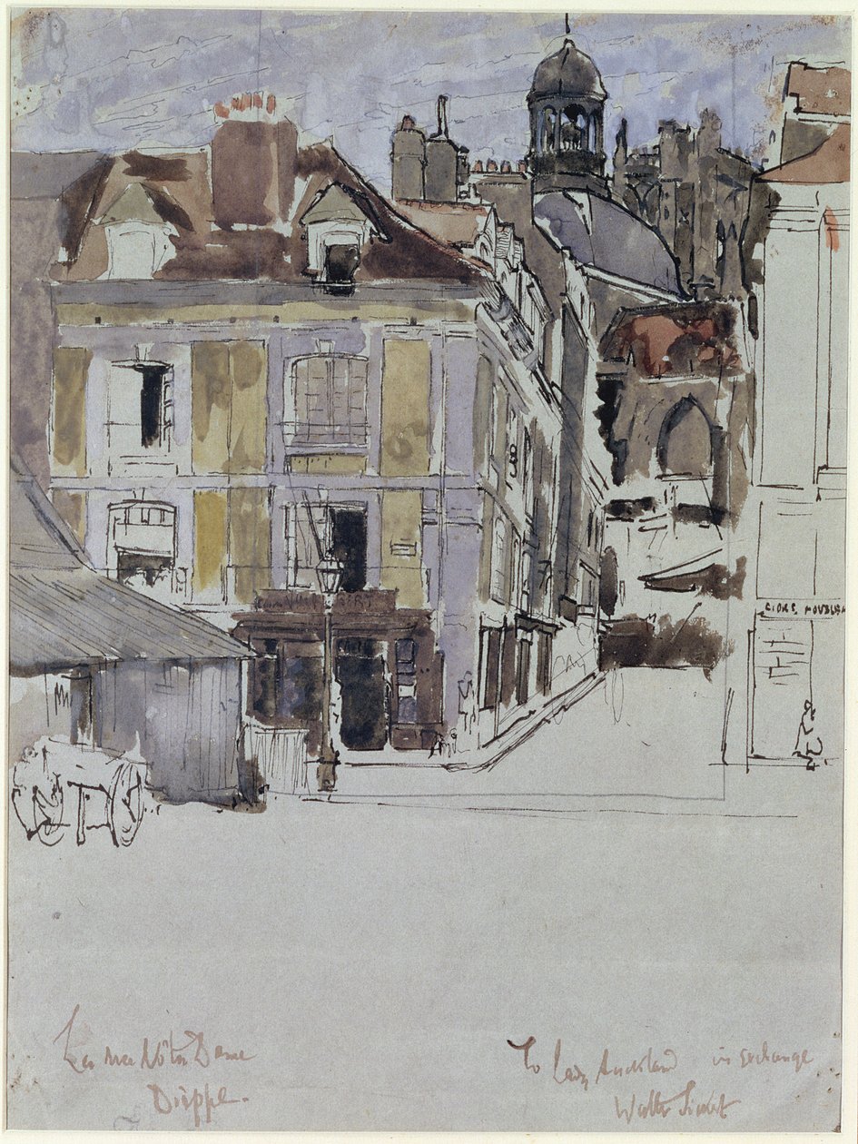 La Rue Notre Dame ، Dieppe ، مع Quai Duquesne في المقدمة ، c.1899 (مرحاض فوق قلم رصاص وحبر على ورق) بواسطة والتر ريتشارد سيكرت