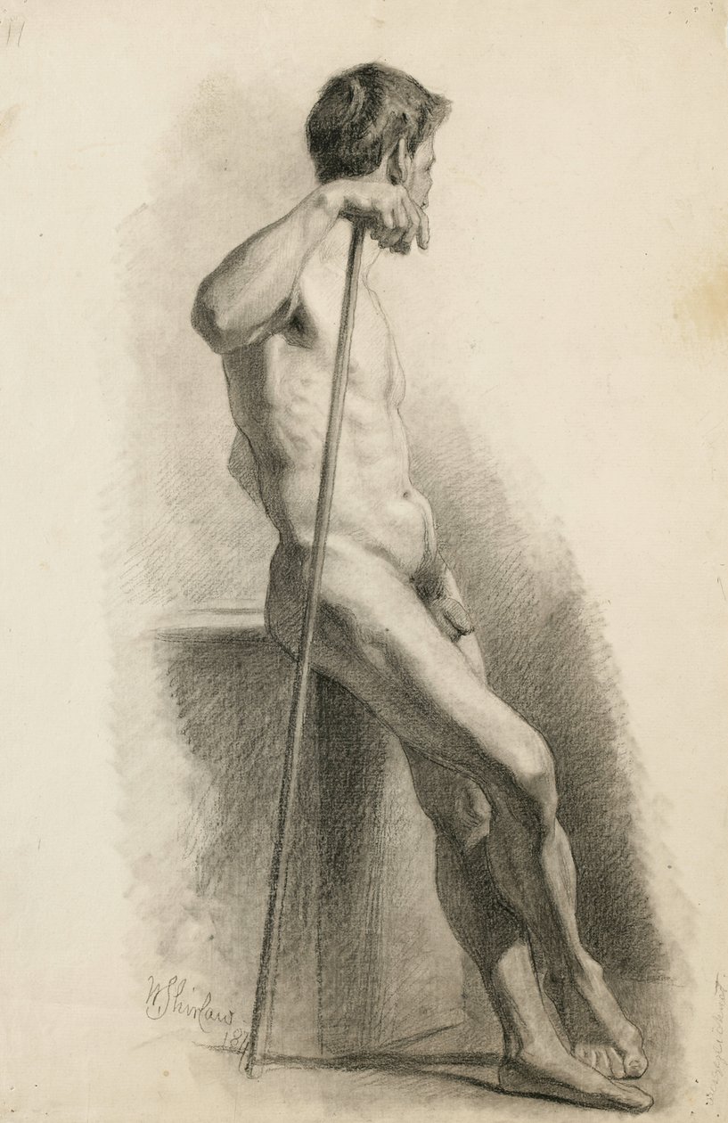 دراسة عارية الذكور مع الموظفين ، منظر جانبي ، 1871 (فحم على ورق مصقول) بواسطة والتر شيرلو
