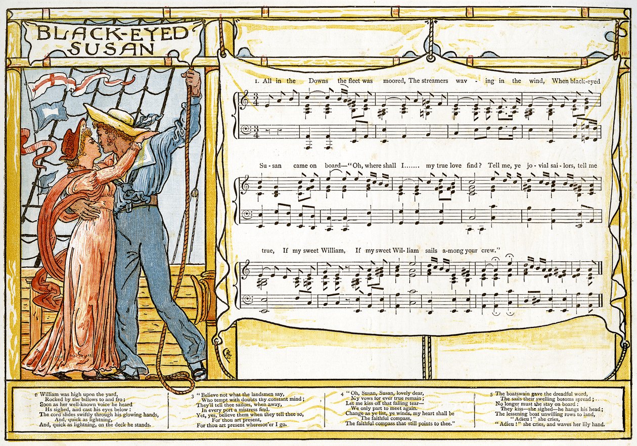 "Black-Eyed Susan" ، رسم توضيحي للأغنية من "Pan-Pipes" ، كتاب الأغاني القديمة ، مرتب حديثًا ومع المرافقات من Theo. Marzials ، نشر في لندن من قبل جورج روتليدج وأولاده ، 1884 (لون ليث بواسطة والتر كرين