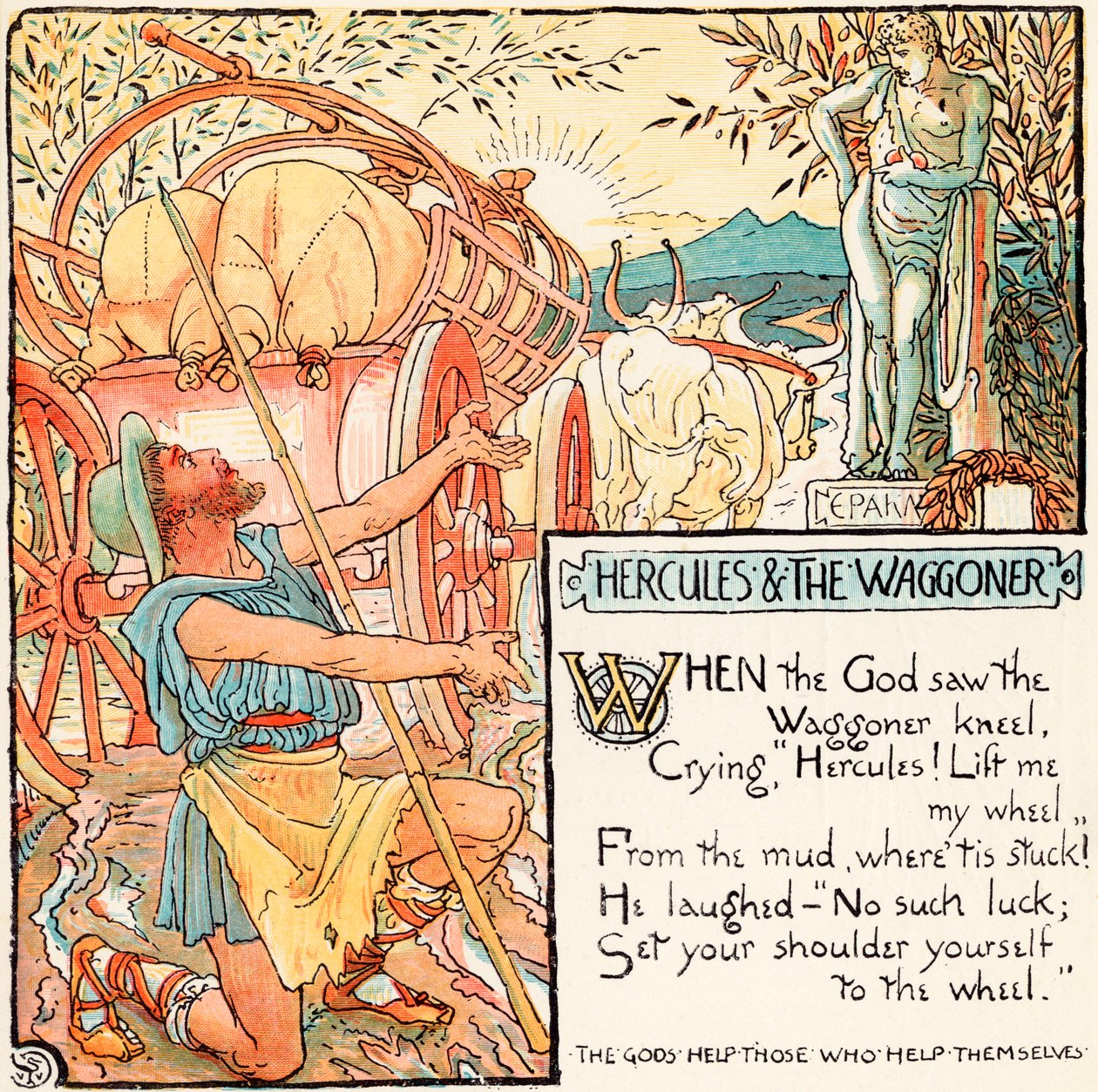 هرقل و Wagoner ، رسم توضيحي من &39;Baby&39;s Own Aesop&39; ، منقوش ومطبوع بواسطة إدموند إيفانز ، لندن ، تم نشره عام 1920 بواسطة والتر كرين