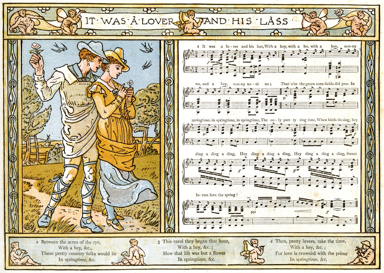 "لقد كان حبيبًا و Lass" ، أغنية توضيحية من "Pan-Pipes" ، كتاب الأغاني القديمة ، مرتب حديثًا ومع المرافقات من Theo. Marzials ، نشر في لندن من قبل جورج روتليدج وأولاده ، 1884 ( بواسطة والتر كرين