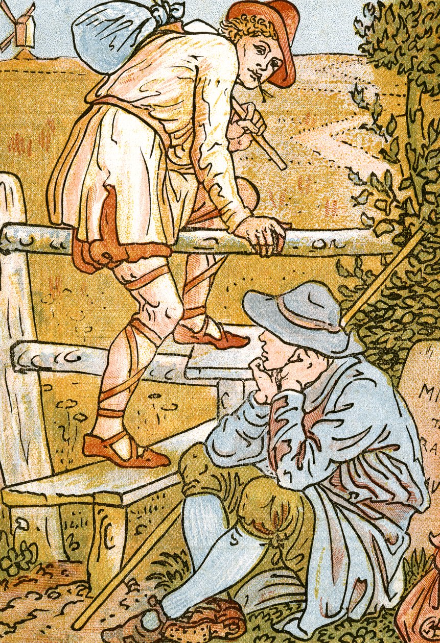Jog On ، Jog On ، رسم توضيحي للأغنية من Pan-Pipes ، كتاب الأغاني القديمة ، مرتب حديثًا ومع المرافقات من Theo. Marzials ، نشر في لندن من قبل جورج روتليدج وأولاده ، 1884 (de بواسطة والتر كرين