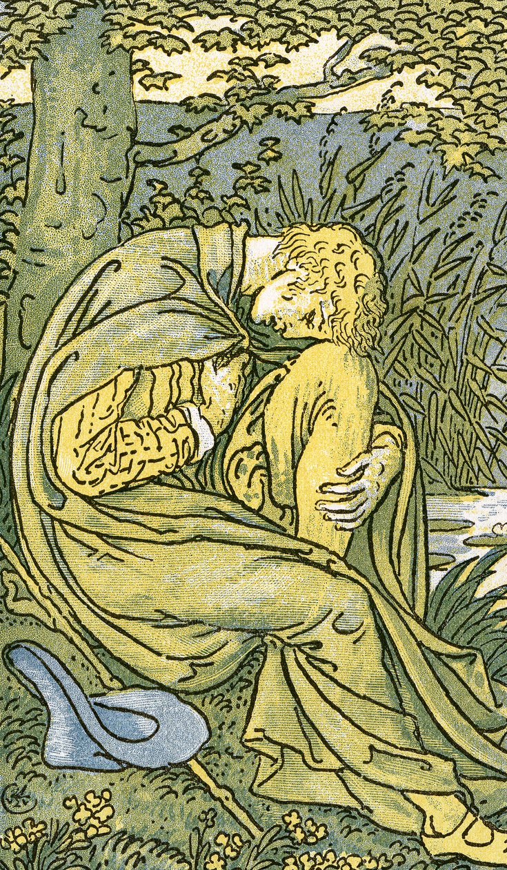 عاشق رأسه ينحني في الحزن ، من أغنية "O Willow، Willow" ، الأغنية الشعبية الإنجليزية التقليدية ، صورة توضيحية من "Pan-Pipes" ، كتاب الأغاني القديمة ، مرتب حديثًا ومع المرافقات من Theo. حانة Marzials بواسطة والتر كرين
