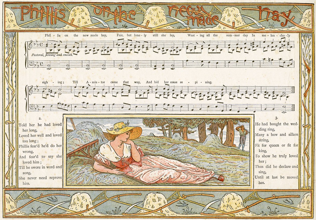 `` Phillis on the New Made Hay &39;&39; ، توضيح الأغنية من `` Pan-Pipes &39;&39; ، كتاب الأغاني القديمة ، مرتب حديثًا ومع المرافقات من Theo. Marzials ، نشر في لندن من قبل جورج روتليدج وأولاده ، 1884 ( بواسطة والتر كرين