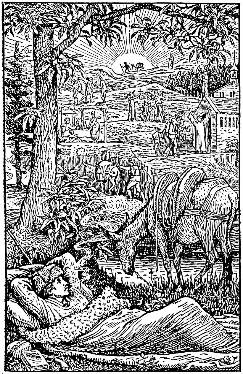 يسافر مع حمار في Cevennes (يسافر مع حمار في Cevennes) بواسطة Robert Louis Stevenson. في المساء ، دري ليكريفين ، خلال توقف ليلي ، بالقرب من دانيسه موديستين. واجهة الطبعة الإنجليزية الأولى (1879) ، خشب والتر كرا بواسطة والتر كرين
