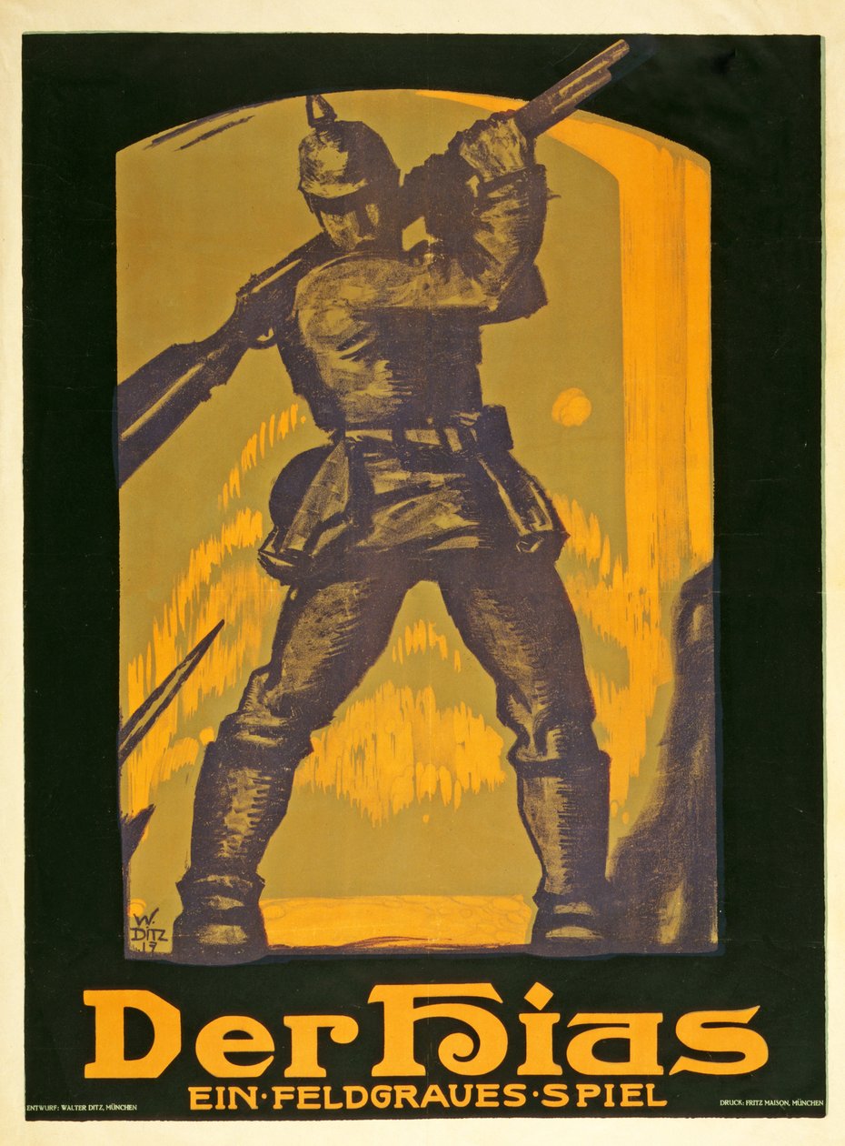 ملصق يعلن مسرحية The Hias ، لعبة رمادية ميدانية كتبها هاينريش جيلاردون ، نشرت عام 1917 بواسطة والتر ديتز