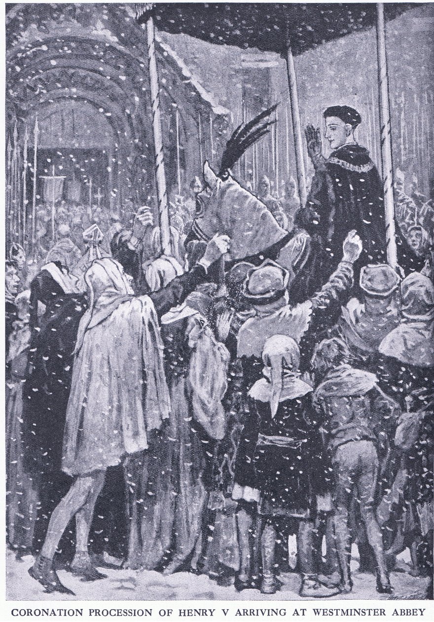 موكب تتويج هنري الخامس عند وصوله إلى دير وستمنستر 1413 ، من Cassells History of the British People الذي نشرته شركة Waverley Book Company Limited ، c.1940 بواسطة والتر باجيت