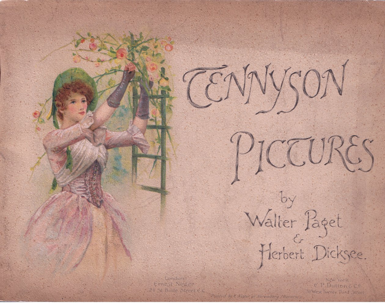 تصميم الغلاف الأمامي (The May Queen) ، رسم توضيحي من Tennyson Pictures نشره EP Dutton & Co ، حوالي 1900 (لون ليثو) بواسطة والتر باجيت