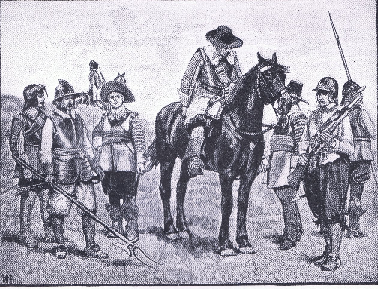 أنواع جنود كرومويل ، رسم توضيحي من تاريخ الشعب البريطاني الذي نشره ويفرلي ، حوالي عام 1940 (ليثو) بواسطة والتر باجيت