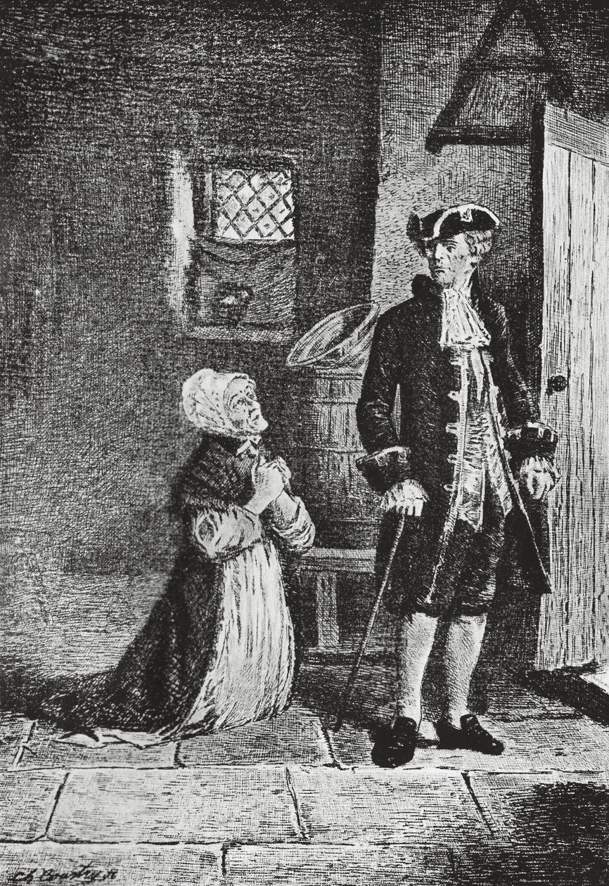 إلسبيث واللورد جلينالان، رسم توضيحي لرواية الآثار، رواية تاريخية كتبها والتر سكوت (1771-1832)، نقش بواسطة والتر سكوت