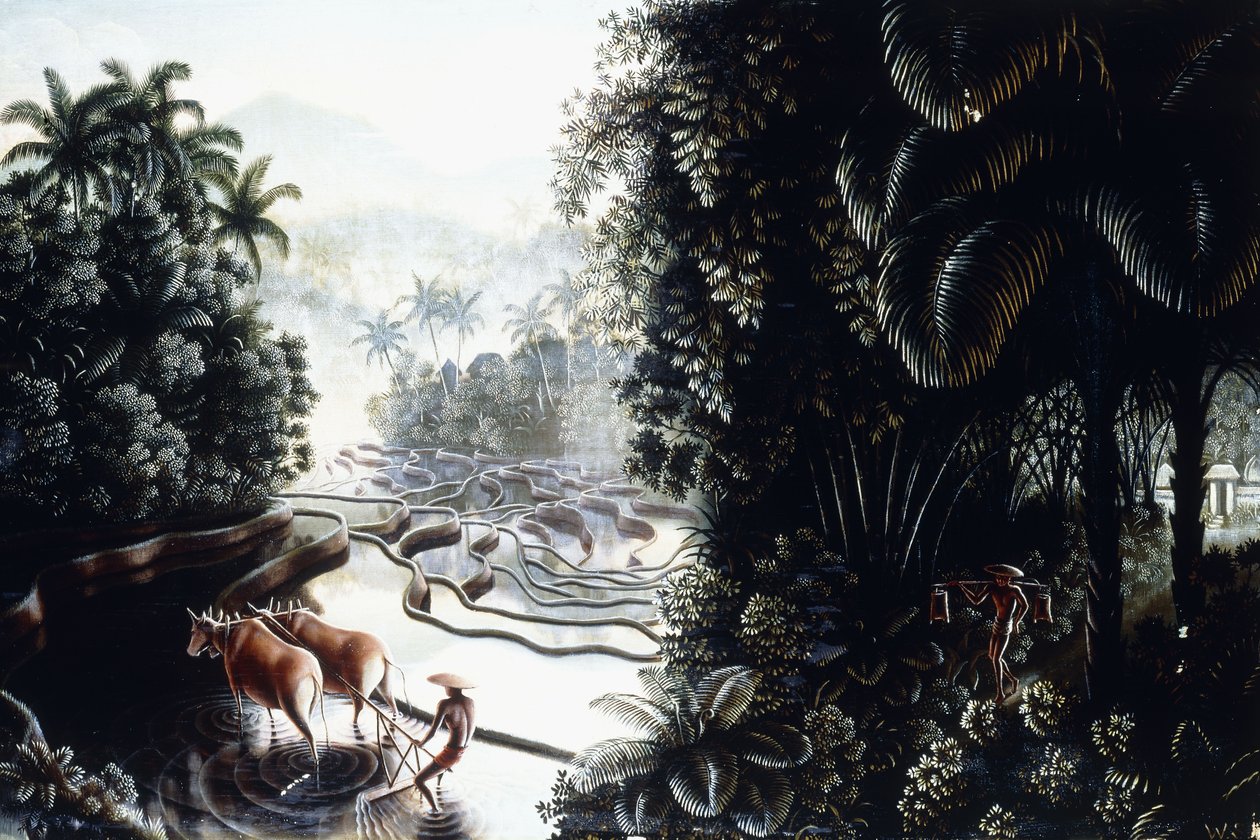 عرض عبر Sawahs إلى Gunung Agung ، c. 1937-1939 (زيت على ظهر السفينة) بواسطة والتر جواسيس