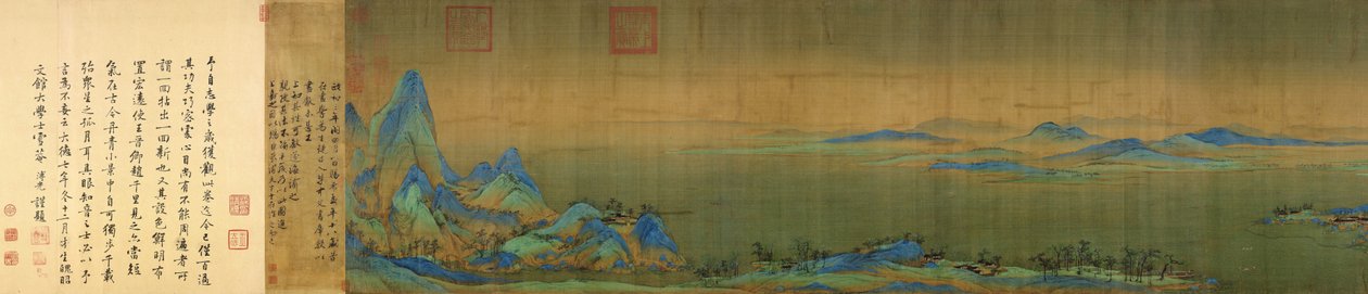 التفاصيل النهائية من A Thousand Li أو River and Mountains (千里 江山) تمرير يدوي بالحبر واللون على الحرير. 11.91 متر × 55.8 سم. (نهاية التمرير) يقع في متحف القصر ببكين بواسطة وانغ زيمينج