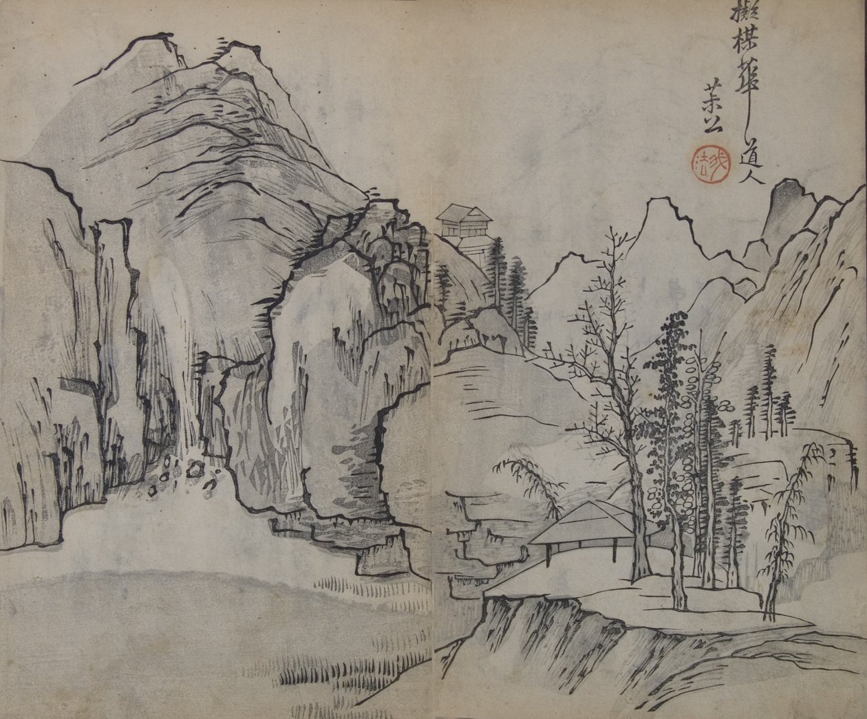 منظر طبيعي بعد Wu Zhen 1280-1354 ، من دليل حديقة بذور الخردل ... ، الطبعة الأولى ، 1679. بواسطة وانغ جاي