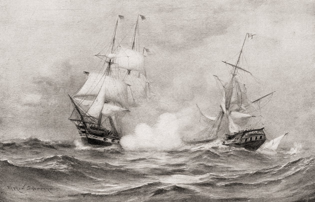 القتال بين دستور USS و HMS Guerriere ، خلال حرب عام 1812 ، على بعد 400 ميل تقريبًا جنوب شرق هاليفاكس ، نوفا سكوتيا ، من تاريخ بلادنا ، نشر 1905 بواسطة وارن شيبارد