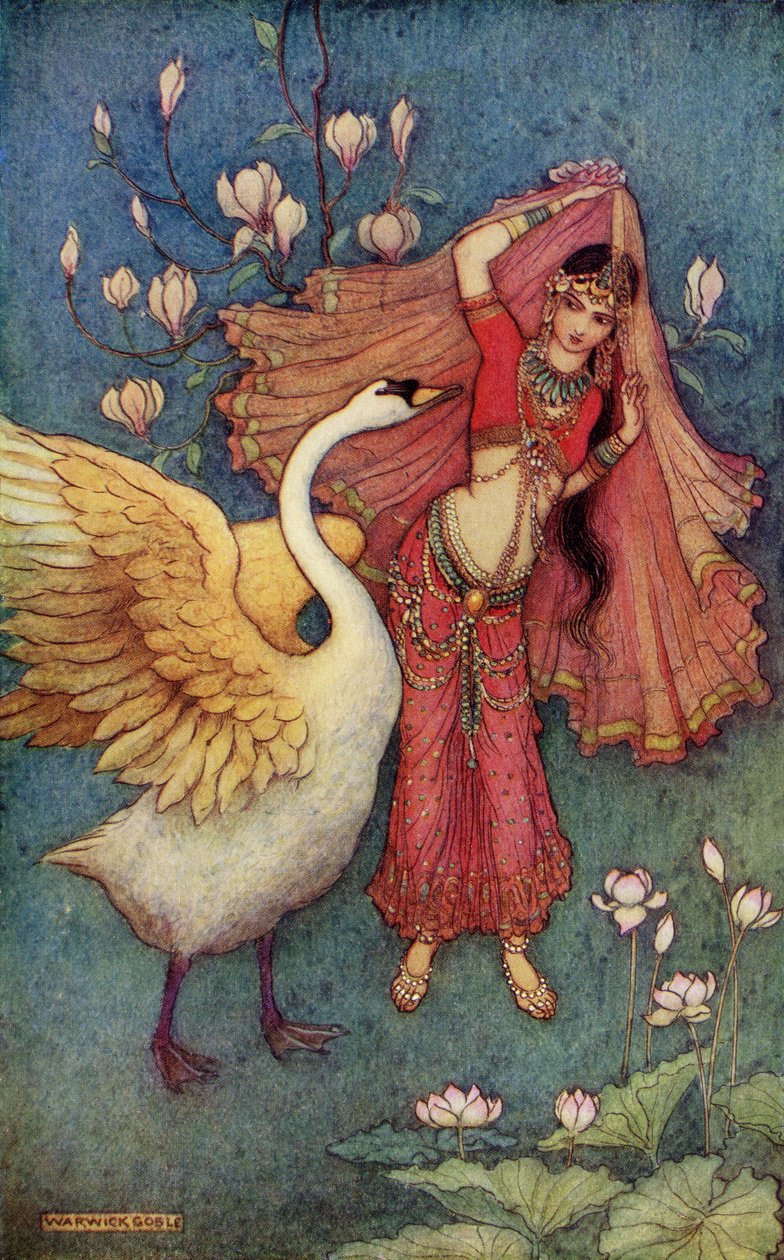 Damayanti and the Swan ، رسم توضيحي من "الأسطورة الهندية والأسطورة" لدونالد أ.ماكينزي ، نُشر عام 1913 بواسطة وارويك جوبل