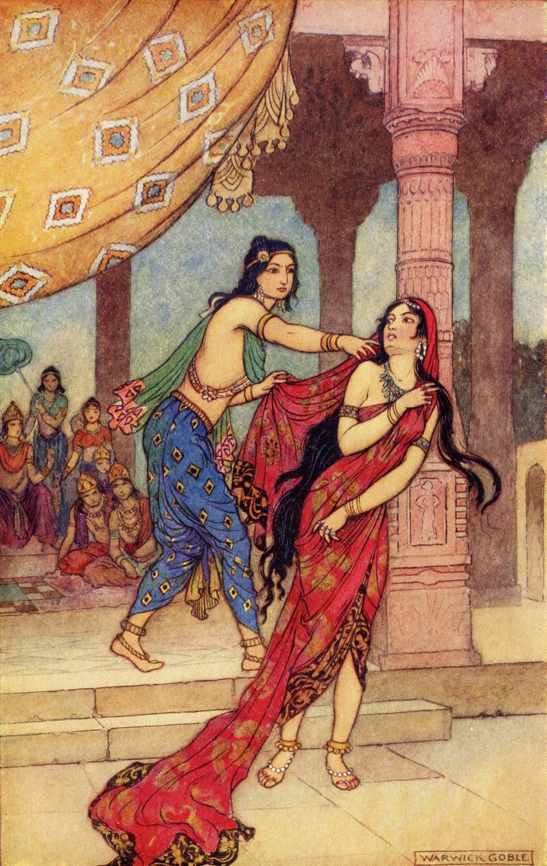 محنة الملكة دراوبادي ، رسم توضيحي من "الأسطورة الهندية والأسطورة" لدونالد أ.ماكينزي ، نُشر عام 1913 بواسطة وارويك جوبل