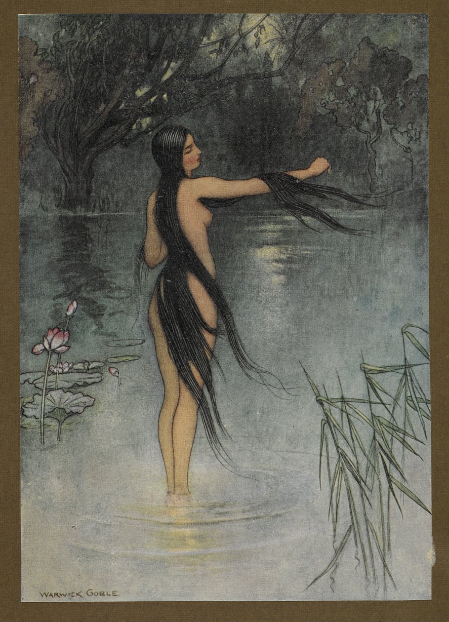 اللوحة 29: "عندما خرجت من الماء ، ما هو التغيير الذي شوهد فيها!" ، من Folk-Tales of Bengal ... مع 32 رسمًا توضيحيًا بالألوان من تصميم Warwick Goble (Edition de luxe.). 1914 بواسطة وارويك جوبل
