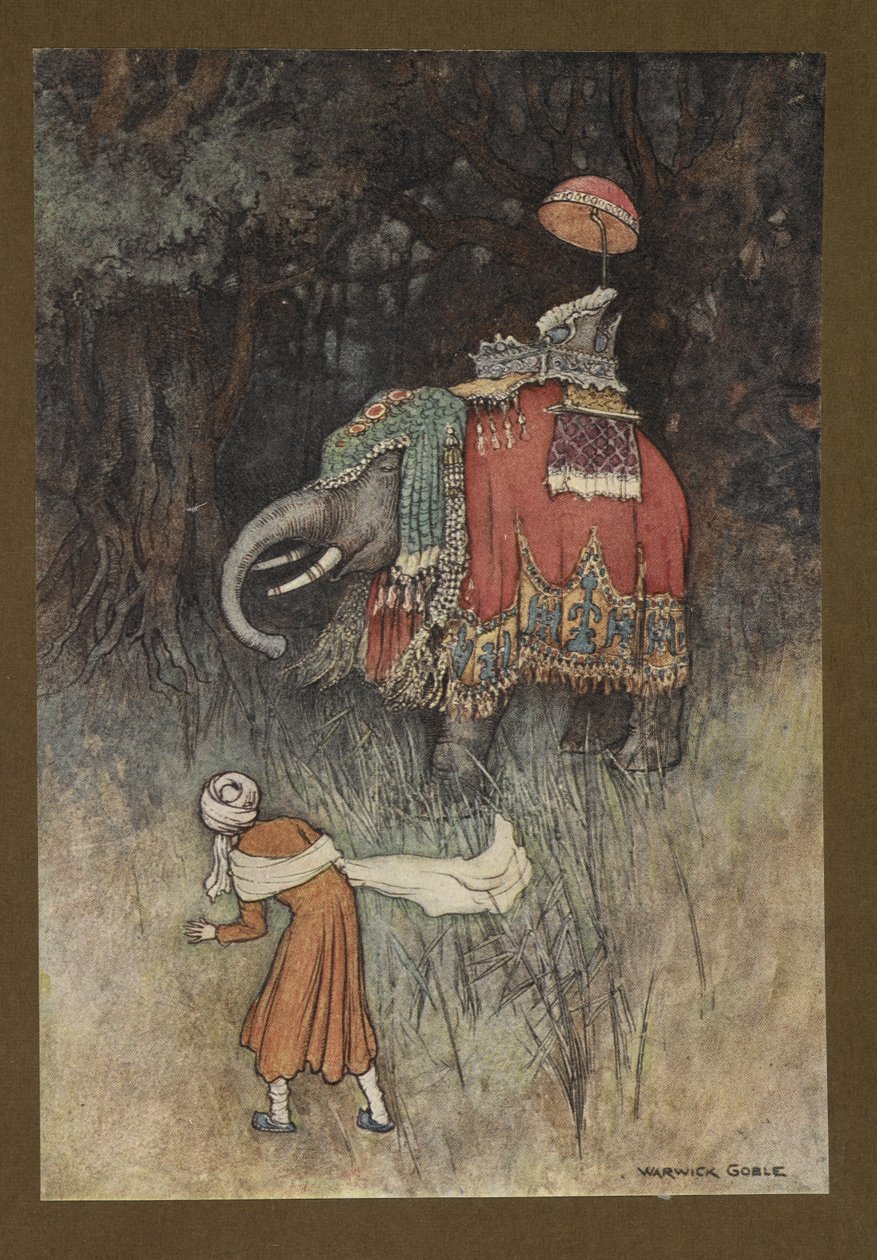 اللوحة 8: "فجأة انطلق فيل بشكل رائع عبر طريقه" ، من Folk-Tales of Bengal ... مع 32 رسمًا توضيحيًا ملونًا من Warwick Goble (Edition de luxe) بواسطة وارويك جوبل