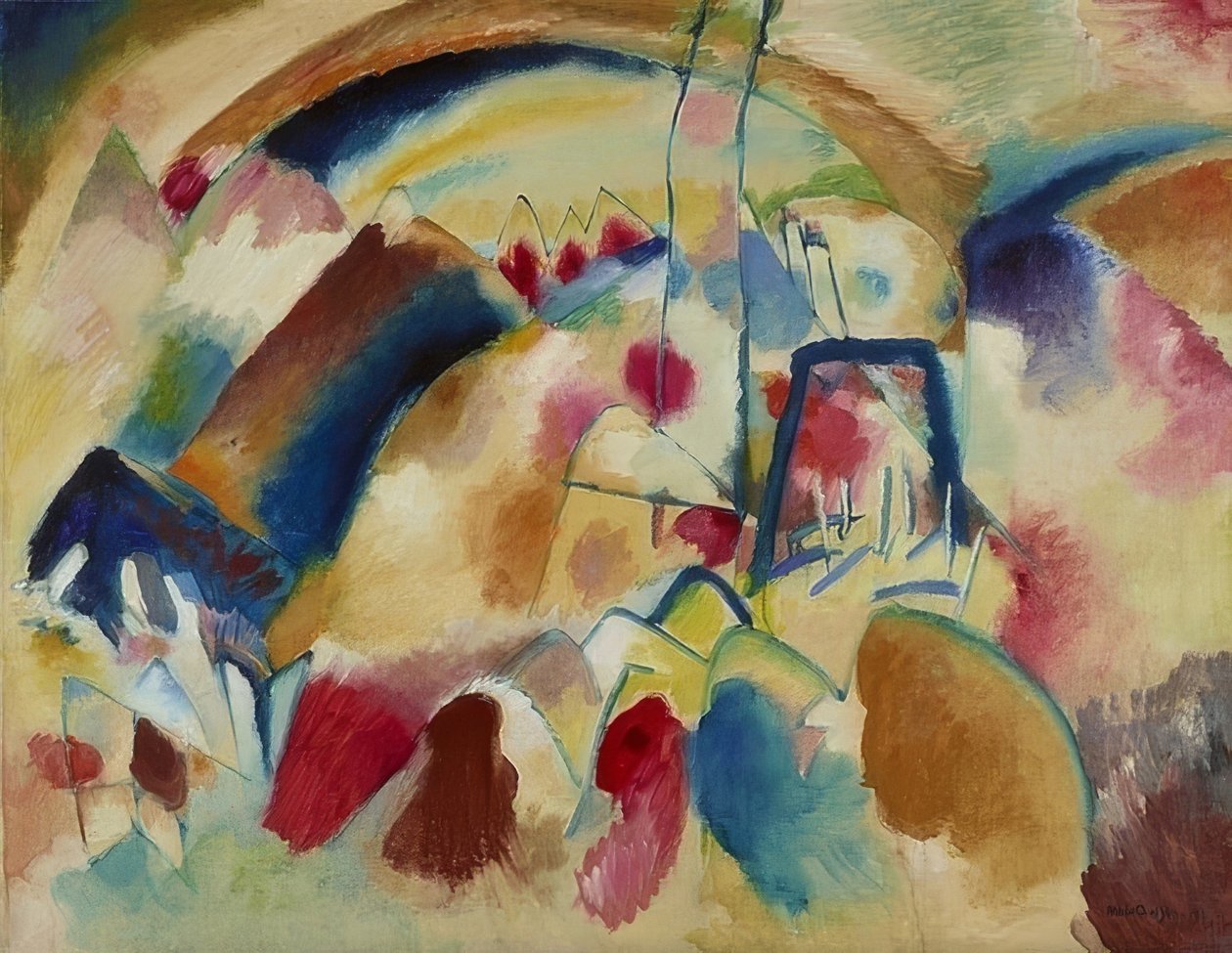 المناظر الطبيعية مع الكنيسة (المناظر الطبيعية مع البقع الحمراء I). 1913 بواسطة فاسيلي كاندينسكي